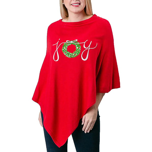 Poncho red with white joy sequin wreath Christmas