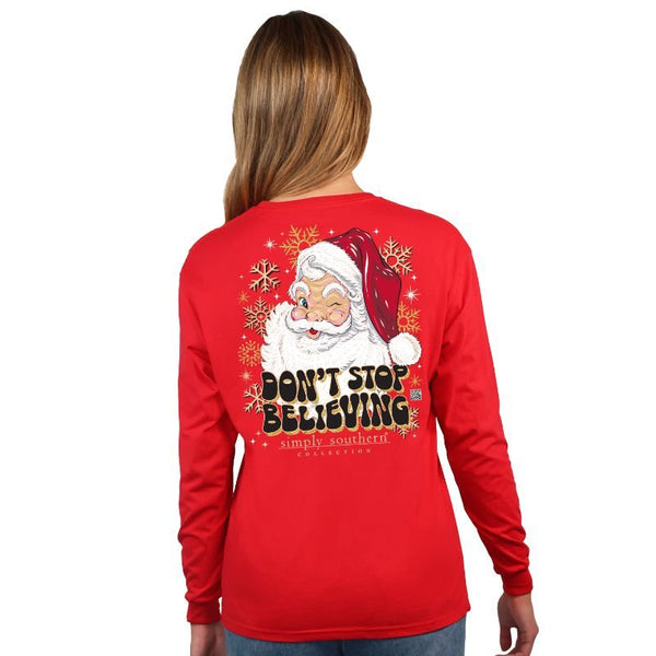 Simply Southern Believe Red Santa Shirt Long Sleeve