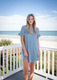 Simply Southern model terry cloth blue and white striped dress