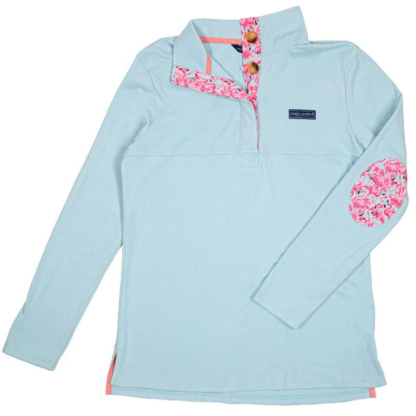Simply Southern blue button pullover flamingo